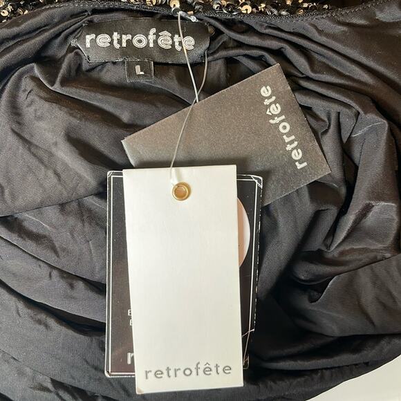 Retrofete Celine Sequin Asymmetrical Shoulder Draped Black Maxi Dress Size L - Picture 8 of 9